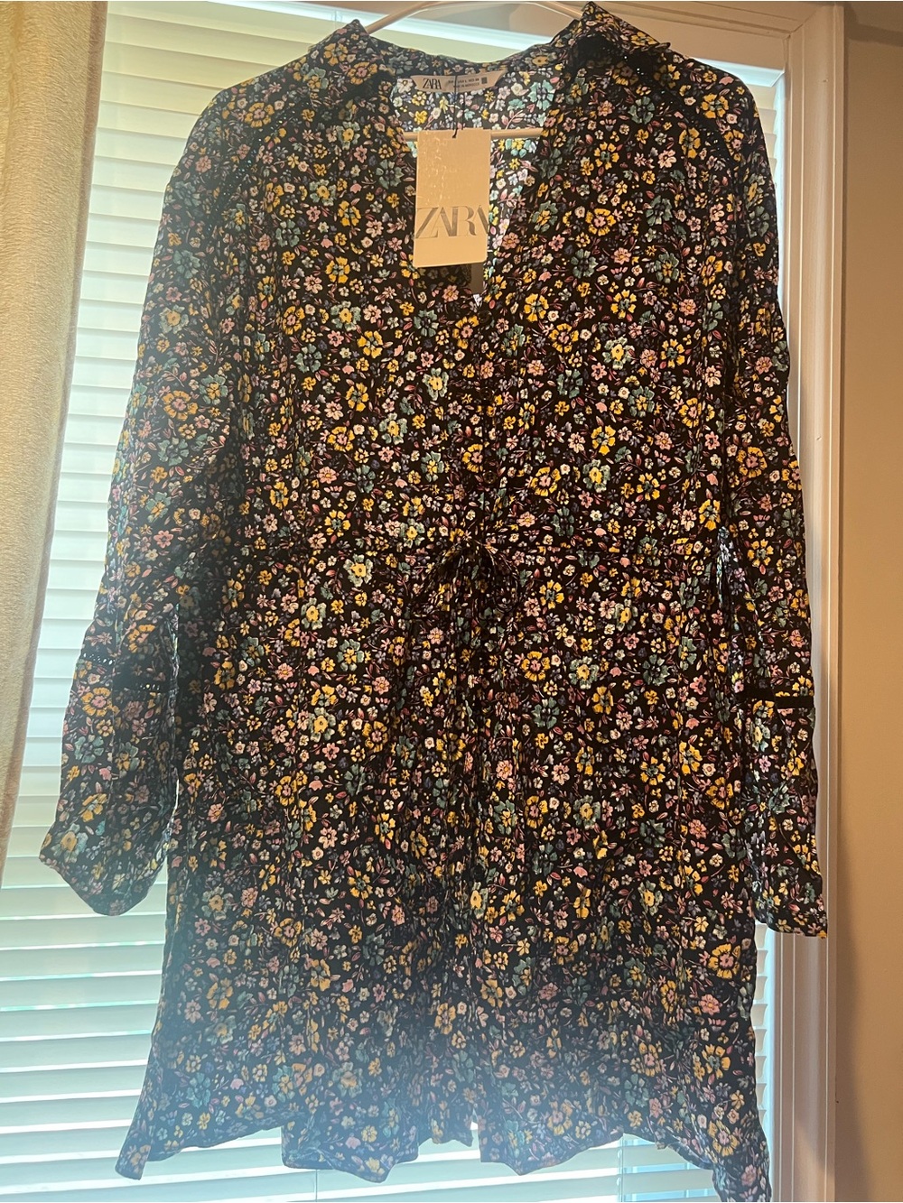 Zara Black Floral Button-Front Blouse with Yellow & Mint Flowers